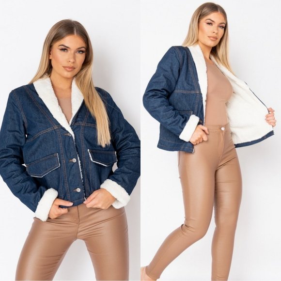 Blue Denim Jeans Long Sleeve Teddy Bear Fur Lined Biker Jacket - Picture 1 of 13